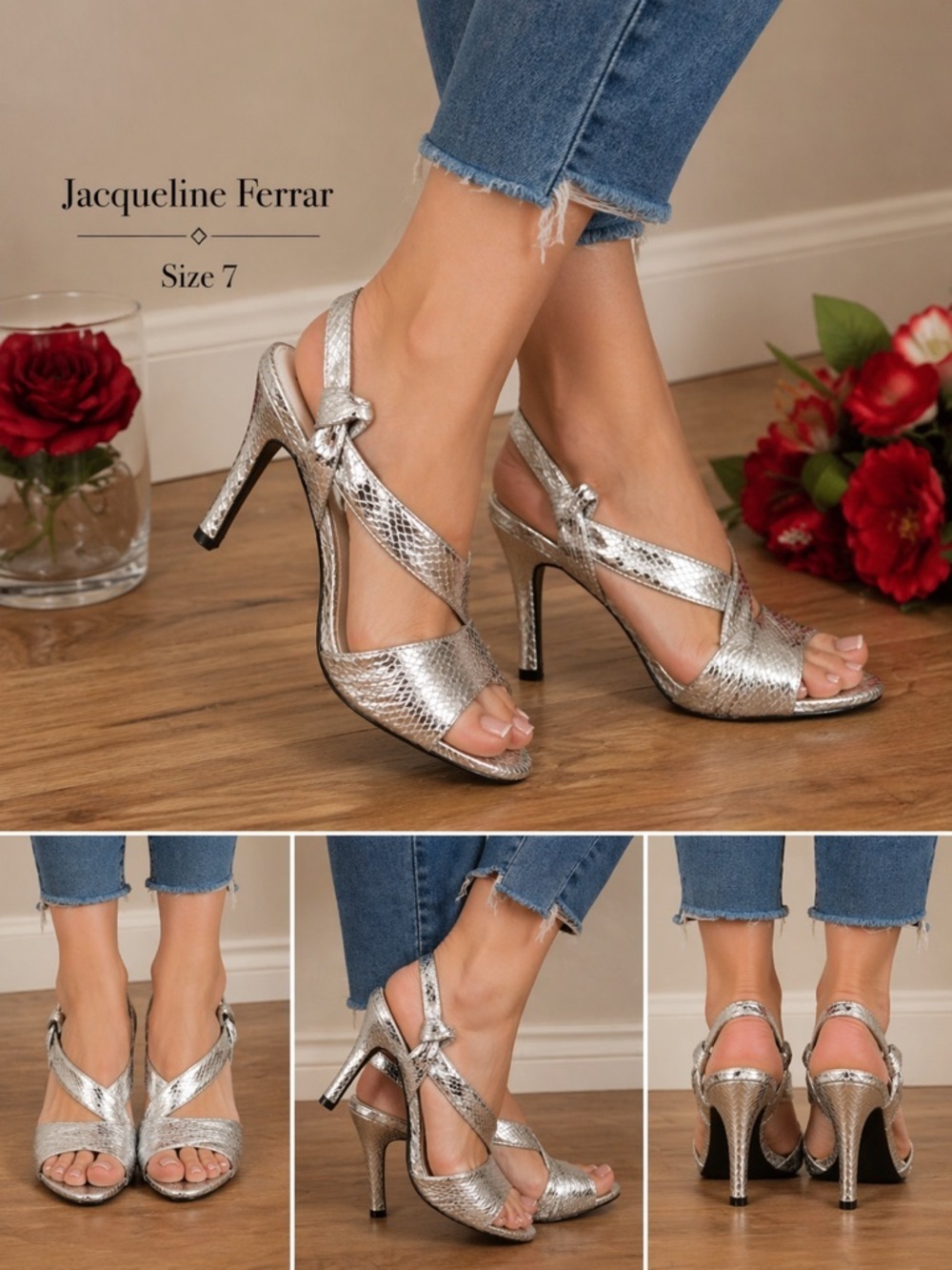 Jacqueline Ferrar women dressy silver heels /size 7